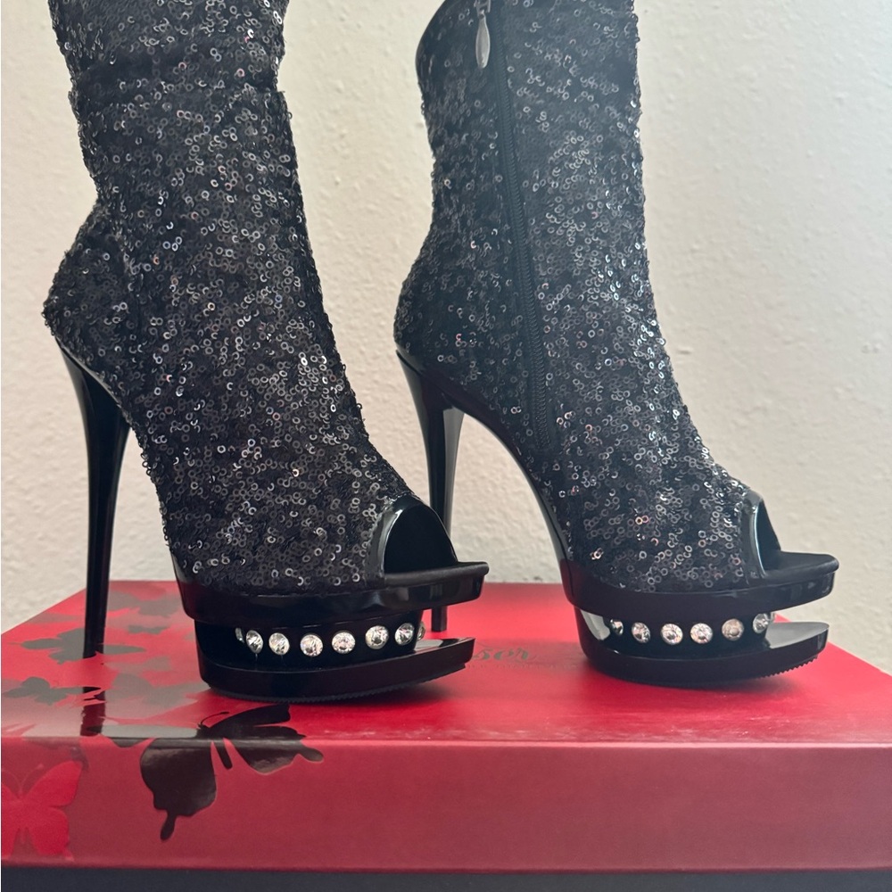 Pleaser Black Heeled Boots with Glitter and Stilettos